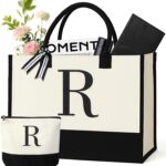 Personalized Canvas Tote Bag for Women – Makeup Pouch, Initial Beach Bag for Travel, Birthday, Teacher, Mom, Brides