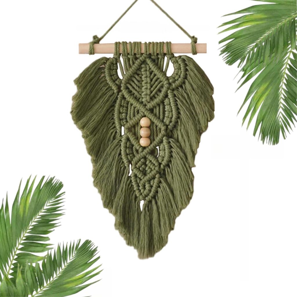 Boho Macrame Wall Hanging Leaves,Green Woven Leaf Tapestry,Tapestry Bohemian Chic Wall Décor, Feather Walls Hanging Boho Decor for Dorm Home Bedroom Western Room Decoration Gift for Women