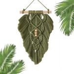 Boho Macrame Wall Hanging Leaves,Green Woven Leaf Tapestry,Tapestry Bohemian Chic Wall Décor, Feather Walls Hanging Boho Decor for Dorm Home Bedroom Western Room Decoration Gift for Women