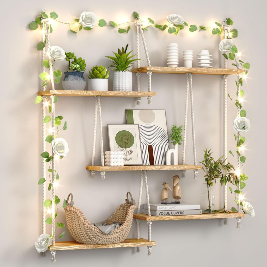 Hanging Shelves for Wall,Macrame Hanging Plant Shelf with Vine Lights 5 Tier Rope Floating Shelf Wood Organizer Storage Rack Boho Wall Decor Aesthetic for Succulents Bedroom Bathroom Kitchen