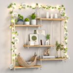 Hanging Shelves for Wall,Macrame Hanging Plant Shelf with Vine Lights 5 Tier Rope Floating Shelf Wood Organizer Storage Rack Boho Wall Decor Aesthetic for Succulents Bedroom Bathroom Kitchen