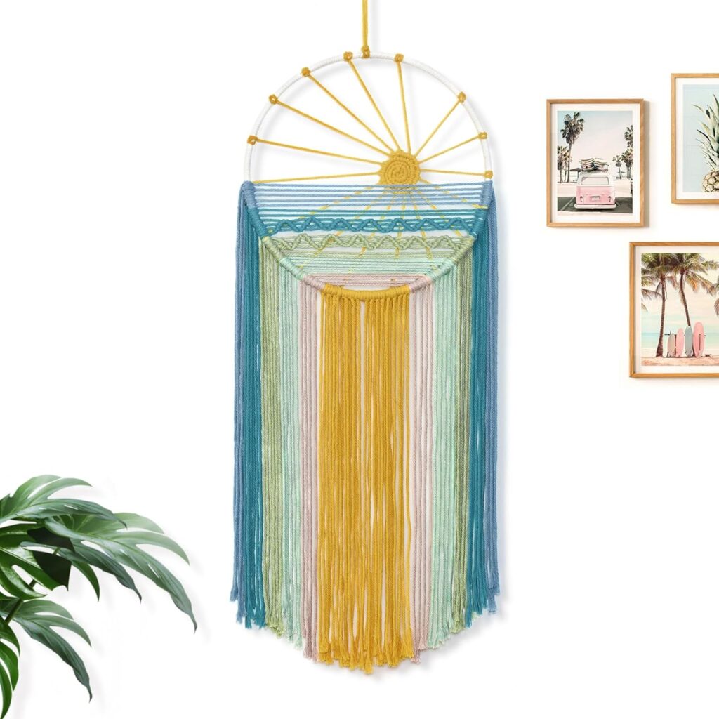 MEIVINES Macrame Wall Hanging, 11.8×27.6 Inches Boho Sun Wall Art Decor,Woven Hanging Tapestry Tassels Handmade Colorful Tapestry for Bedroom Living Room Nursery Apartment
