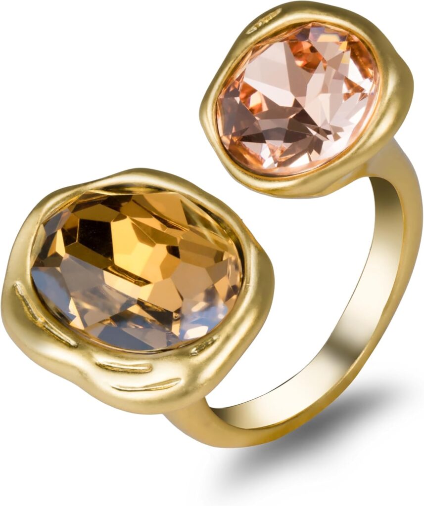 Open Statement Ring Cocktail Ring Cubic Zirconia Crystal Gemstones Antiqued Gold Plated Adjustable Open Band Vintage Jewelry for Women