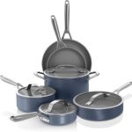 Ninja Ceramic Pro 10Piece Cookware Set, NonStick Pots & Pans Set with Glass Lids, Nontoxic, PTFE Free, Ceramic Coated, Stove to Oven Safe, All Stovetop & Induction Compatible, Midnight Blue, CW39010MM