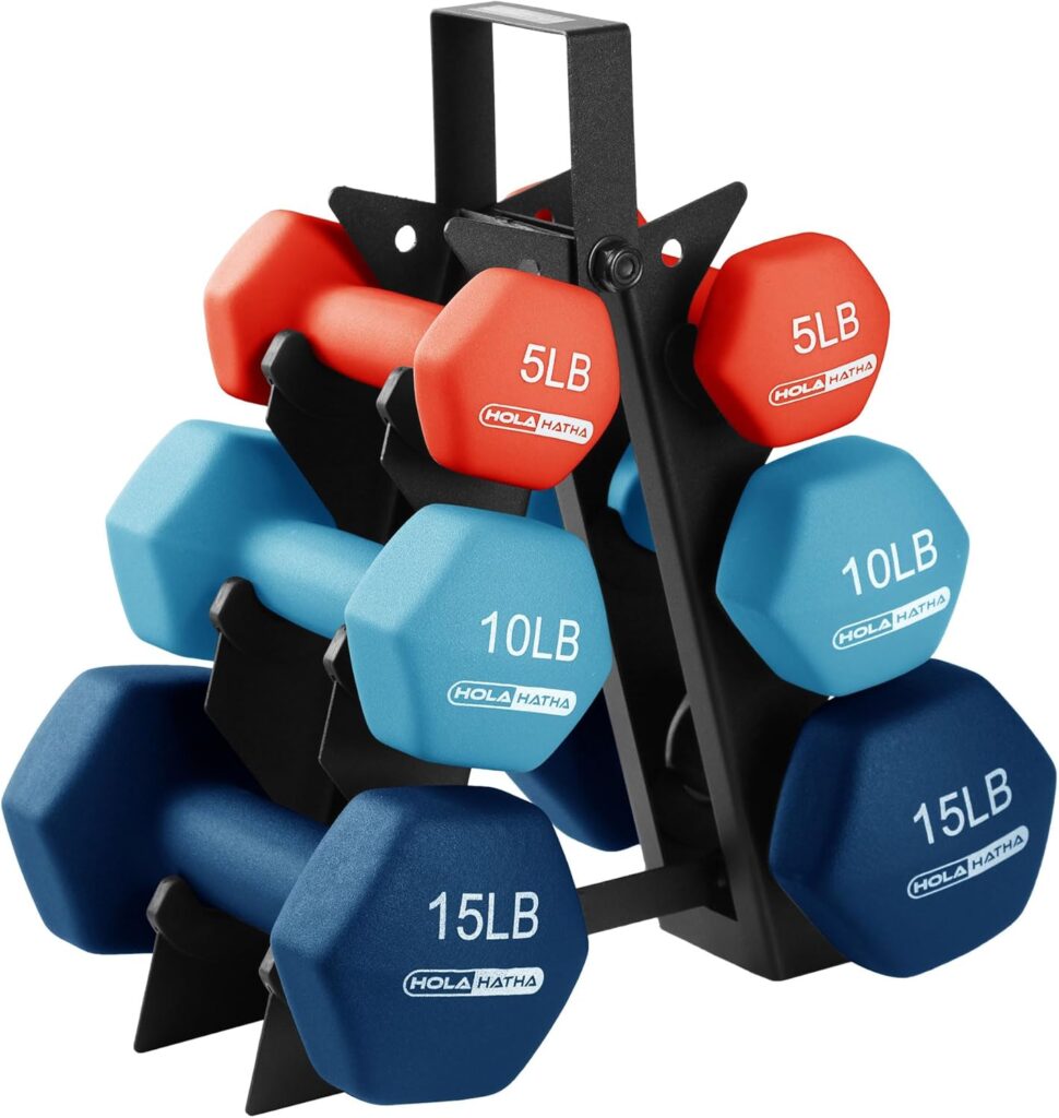 HolaHatha Neoprene Dumbbell Weights Set with Rack, Home Gym Equipment, 60 Lbs, Blue/Red – Portable Weighted Exercise Dumbbells for Fitness, Training, and Lifting Workouts