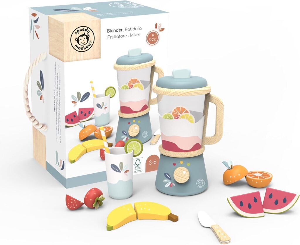Speedy Monkey Smoothie Maker Blender Set – FSC Wooden Food Blender Toy for Kids, Pretend Play Kitchen Appliance, Role Play Toy Mixer for Toddlers, Fun Fruity Smoothie Playset to Make a Healthy Shake