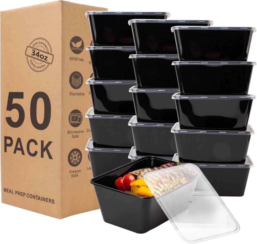 Meal Prep Containers 50Pack – 34oz Food Storage Containers with Lids, Reusable Food Prep Containers, Disposable To Go food Containers for Takeout, BPA Free, Stackable, 1000ml, Microwave/Freezer Safe