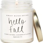 Sweet Water Decor Hello Fall Candle – Cinnamon Apples & Clove Autumn Fall Scented Candle for Home Decor – 100% Cotton Wick Soy Wax Candles with 40 Hour Burn Time – Made in The USA – 9oz Clear Jar