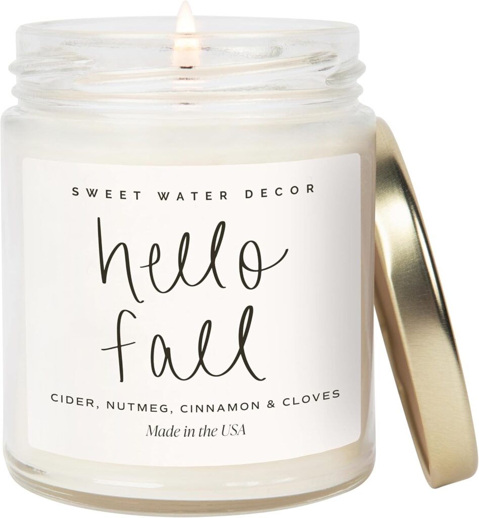 Sweet Water Decor Hello Fall Candle – Cinnamon Apples & Clove Autumn Fall Scented Candle for Home Decor – 100% Cotton Wick Soy Wax Candles with 40 Hour Burn Time – Made in The USA – 9oz Clear Jar