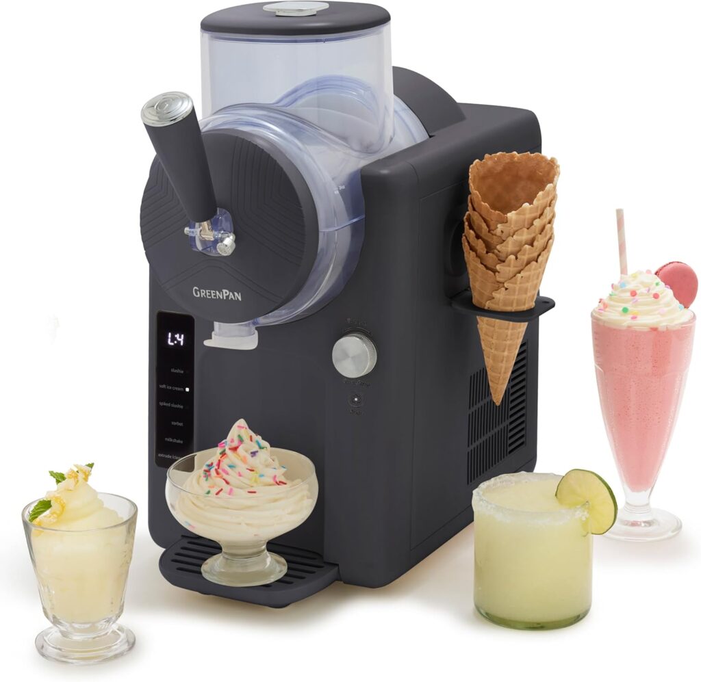 GreenPan Frost Ice Cream Machine & Frozen Drink Maker, Soft Serve, Slushie, Milkshakes & Cocktails, No Freezer Needed, 15-in-1, 7 Textures, Quiet & Rapid, Easy Clean, Family Size, Licorice Gray