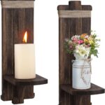 Farmhouse Wall Decor Candle Sconces – 2 Pcs Vintage Rustic Handmade Wooden Wall-Mount Candle Holders for Bedroom Living Room Bathroom Home Hanging Art Decorations Accessories Gifts, Brown