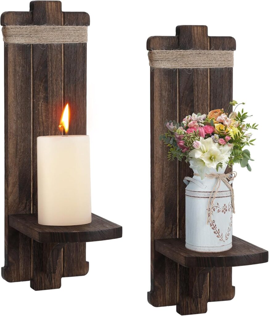 Farmhouse Wall Decor Candle Sconces – 2 Pcs Vintage Rustic Handmade Wooden Wall-Mount Candle Holders for Bedroom Living Room Bathroom Home Hanging Art Decorations Accessories Gifts, Brown