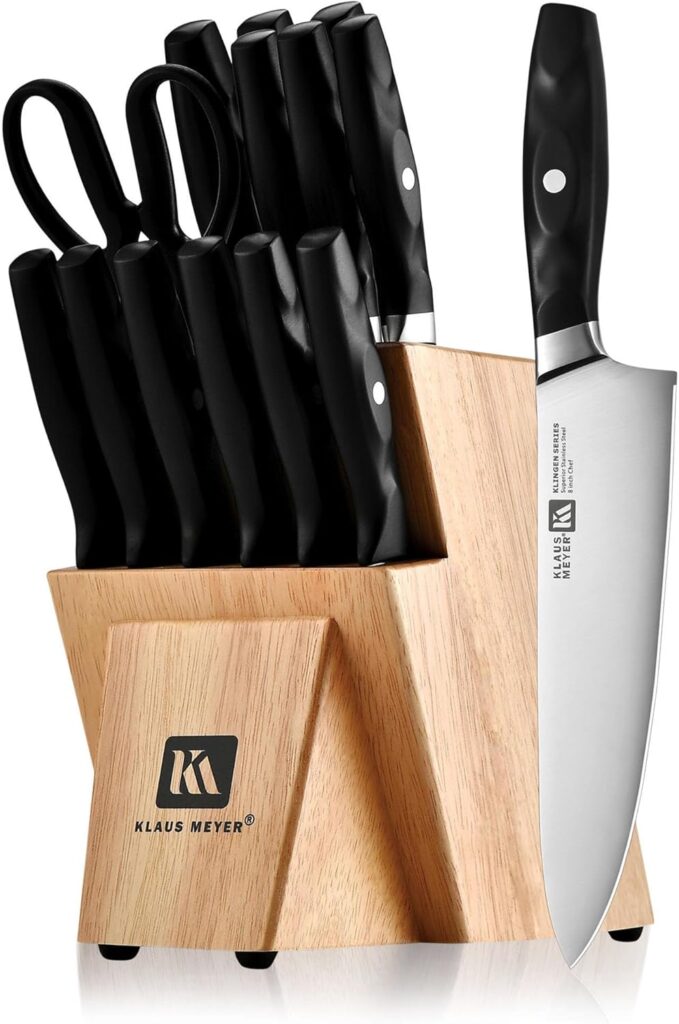 Klaus Meyer 15 Pieces Knife Block Set, High Carbon German Stainless Steel Forged Sharp Blade Knife Set With Block, Dishwasher Safe Cutlery