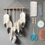 ORIGACH DIY Macrame Feather Wall Hanging Kit Boho White and Dark Gray Feather Tapestry Macrame Kit for Adults Beginner Handmade Rustic Macrame Feathers Leaf Wall Hanger Decor for Living Room Bedroom