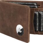 LORZOR AirTag Leather Wallet for Men, Bifold Full Grain Leather Minimalist Front Pocket RFID Blocking AirTag Mens Wallet with ID Window, Gift for Men, up to 12 Cards