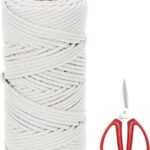 MECCANIXITY Braided Macrame Cord, 4mm x 109 Yards Natural Cotton Rope Macrame Yarn Bohemia Craft String with Scissors for Plant Hangers, Dream Catcher, Wall Hanging, Knitting (Beige)