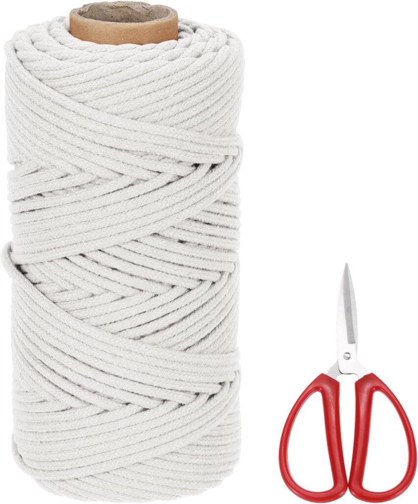 MECCANIXITY Braided Macrame Cord, 4mm x 109 Yards Natural Cotton Rope Macrame Yarn Bohemia Craft String with Scissors for Plant Hangers, Dream Catcher, Wall Hanging, Knitting (Beige)