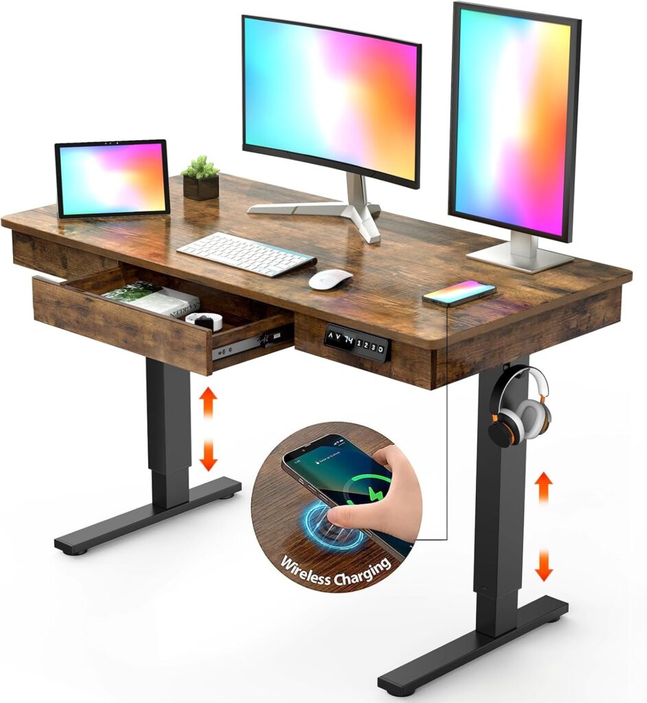 Electric Standing Desk with Drawer,48 x 24 Inches Adjustable Height Desk with 12W Wireless Charging,One-Piece Wooden Desktop Sit Stand Up