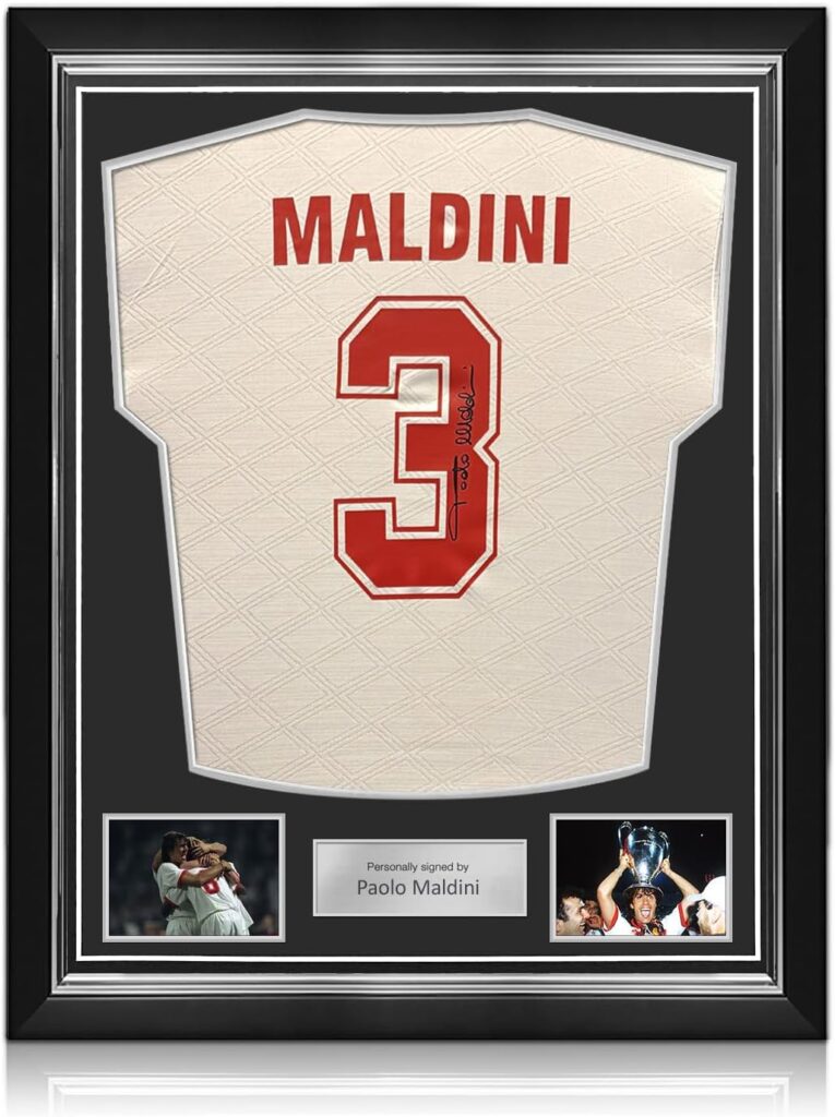Paolo Maldini Signed Milan 1994 European Cup Final Soccer Jersey. Superior Frame White