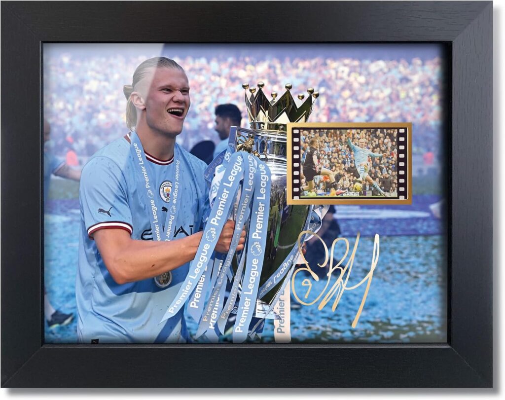 sufenvera Signed Erling Haaland Framed Poster,Erling Haaland Film Photo Collage Display,Gifts for Soccer Fans on Birthday Christmas 8×6 Inches