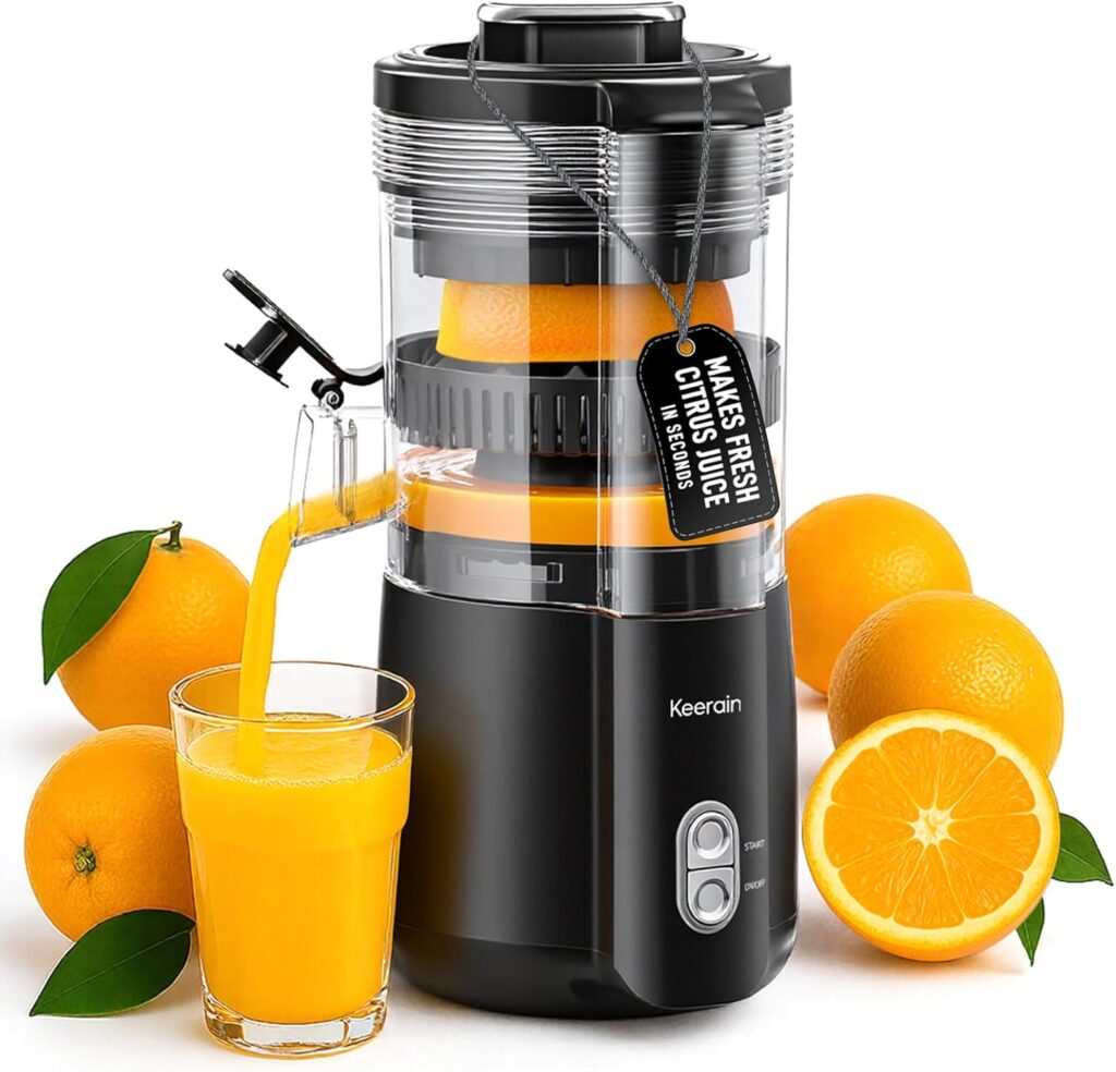 Keerain Electric Orange Juicer, Hand-Free Citrus Juicer Machine with Cleaning Brush, High-Performance Automatic Juice Squeezer for Lemon, Lime, Grapefruit, Pomegranate, Easy to Clean & Use