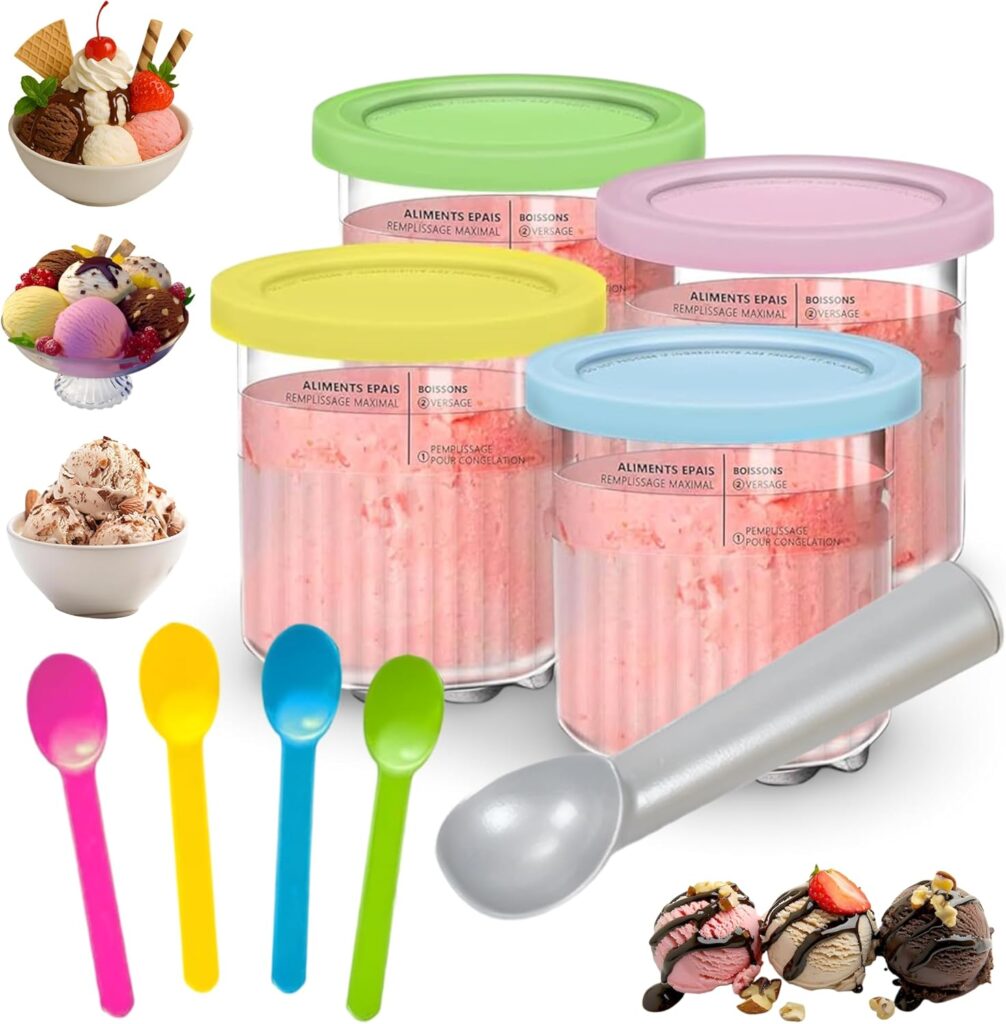 24oz Ice Cream Containers with Lids – 4 Pack Replacement Pints Compatible with Ninja Creami Deluxe NC500 NC501 Series, BPA-Free, Leak-proof, Freezer & Dishwasher Safe