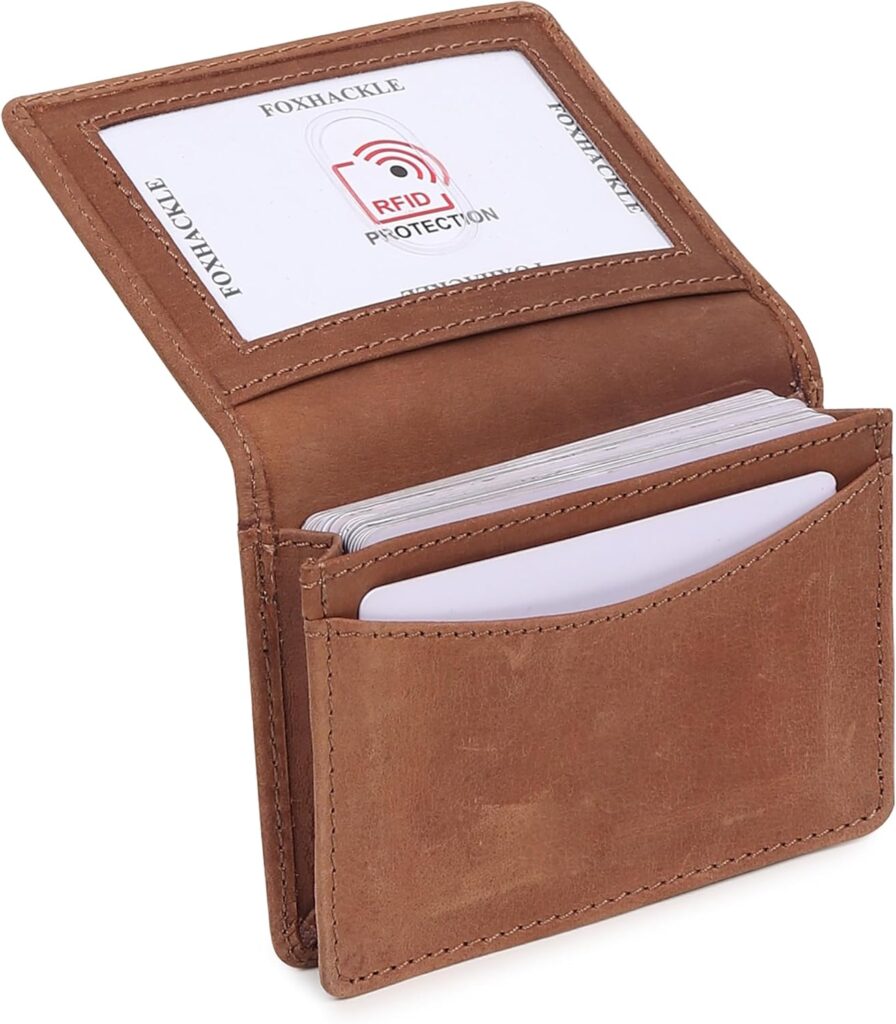 Leather Credit Card Holder For Men and Women, Small RFID Blocking Bifold Wallet (With ID Slot, Hunter Tan)