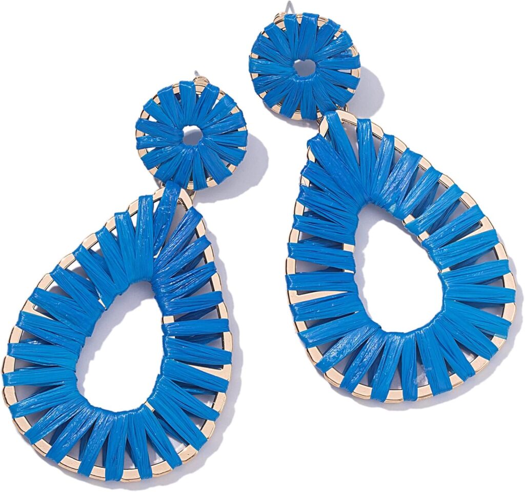 Boho Raffia Earrings Statement Teardrop Earrings Drop Dangle Bohemian Earrings for Women Cute Handmade Earring