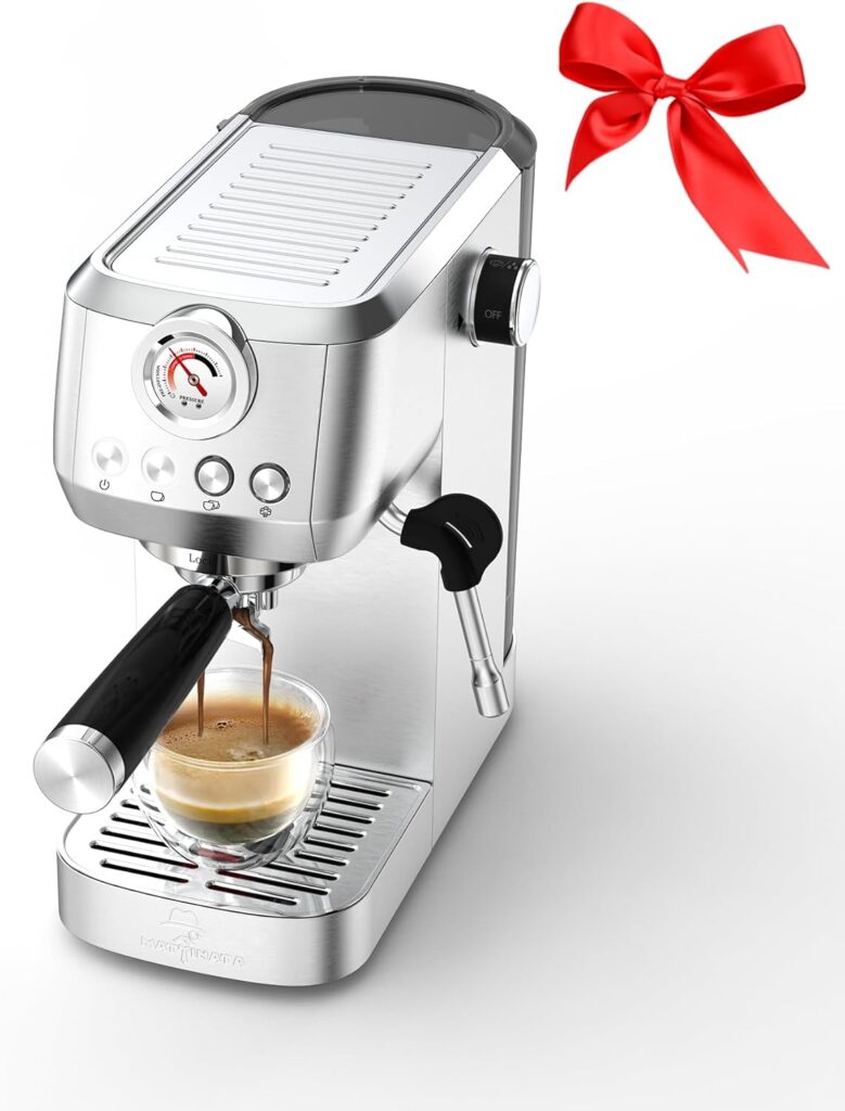 MAttinata CM1663 Espresso Machine, 20 Bar Compact Coffee Maker with Milk Frother Steam Wand for Cappuccino, Latte, Professional Pressure Gauge & 49oz Removable Water Tank for Home，Stainless Steel