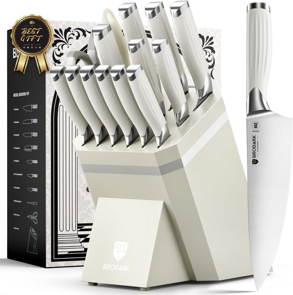 BRODARK Kitchen Knife Set with Block and Sharpener – 15-Piece Ultra Sharp White Knife Set Full Tang Stainless Steel Knife Block Set with Ergonomic Handle – Christmas Gift, Roman Series
