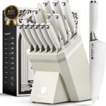 BRODARK Kitchen Knife Set with Block and Sharpener – 15-Piece Ultra Sharp White Knife Set Full Tang Stainless Steel Knife Block Set with Ergonomic Handle – Christmas Gift, Roman Series