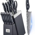 Knife Set, AMEGAT Knife Block Set with Advanced Self-Sharpening Technology, 14-Piece Waved Texture Kitchen Knives, Stainless Steel Knife Set with Block, Razor-Sharp and Full Tang Handle
