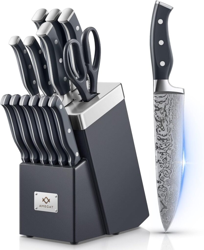 Knife Set, AMEGAT Knife Block Set with Advanced Self-Sharpening Technology, 14-Piece Waved Texture Kitchen Knives, Stainless Steel Knife Set with Block, Razor-Sharp and Full Tang Handle
