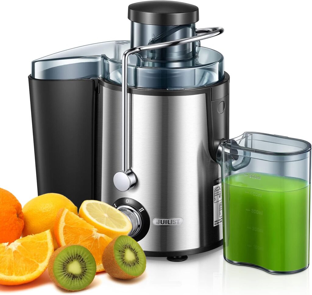 Juicer Machines, Juilist New Generation Juicer Machines Vegetable and Fruit Easy to Clean, Compact Centrifugal Juicer Extractor with 3″ Wide Mouth and Anti-Drip, Dual Speeds, Recipe & Brush, 400W
