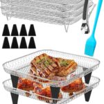 3-Layer Stackable Dehydrator Square Rack Set Fits 4.2-5.8 QT Air Fryer, Stainless Steel 304 Air Fryer Accessories with 8pcs Silicone Feet, Oil Brush & Food Clip