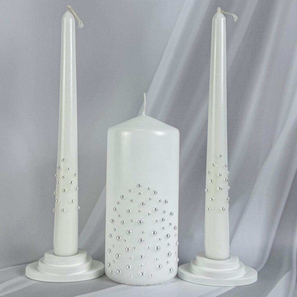 Unity Candle Set – Wedding Ceremony & Reception – 6” Pillar & Two 10” Taper Candles – Long Burning Unity Candles for Marriage Ritual – Handmade in USA – White| Pearls