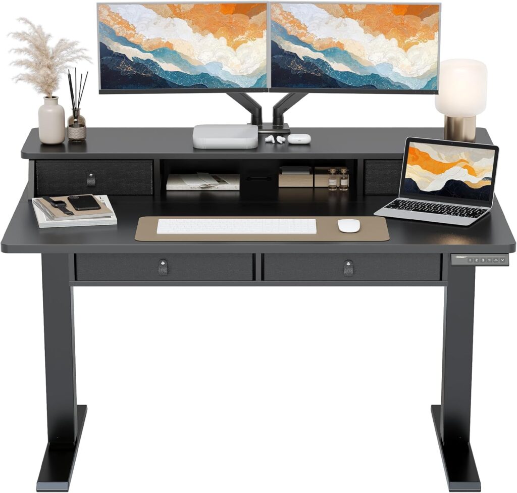 ErGear Electric Standing Desk with 4 Drawers, 48″ x 30″ Height Adjustable Desk with Storage, C-Clamp Mount Compatible, Computer Home Office Table with Cable Management Tray, Black