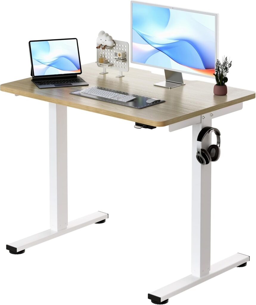 Okin Small Electric Standing Desk, 36″ x 24″ Whole Piece Height Adjustable Desk, Oak Sit to Stand Computer Workstation for Home Office