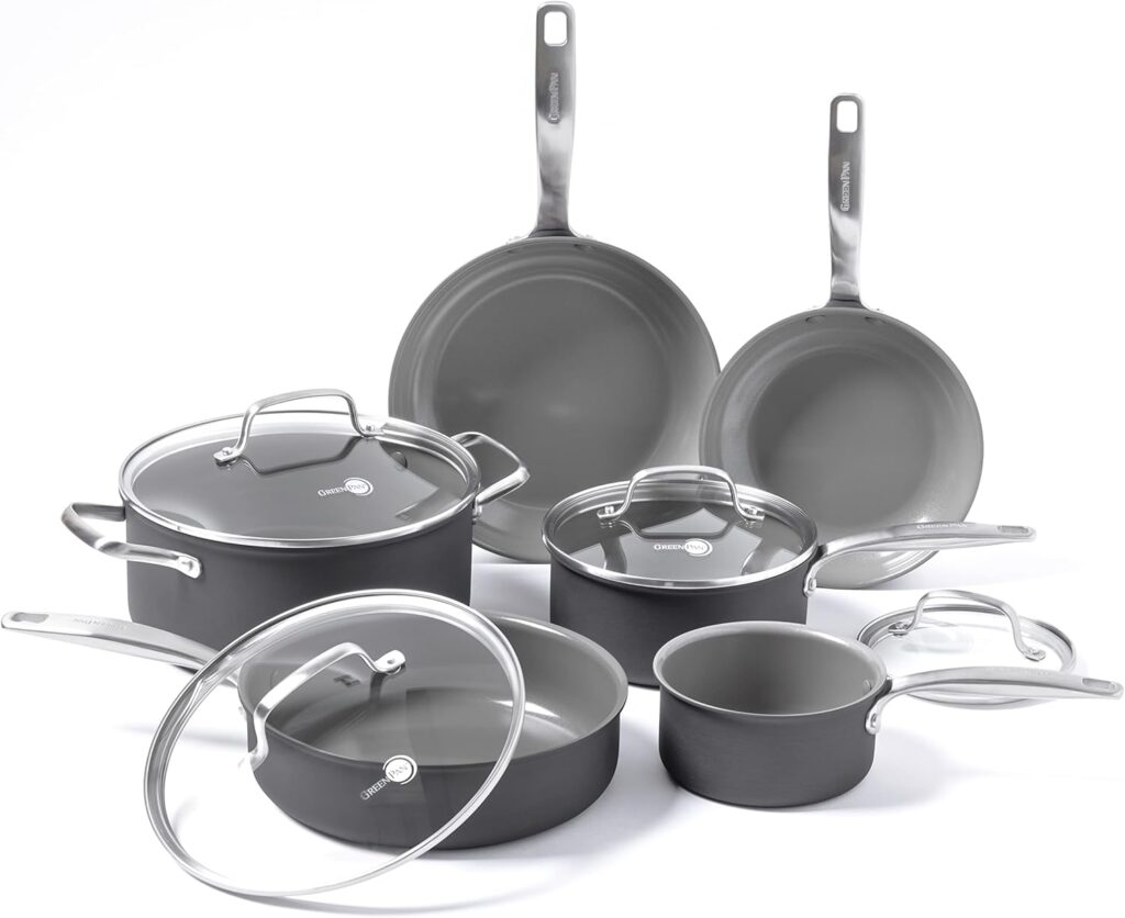 GreenPan Chatham Hard Anodized Healthy Ceramic Nonstick 10 Piece Cookware Pots and Pans Set, Frying Pan Skillets, Saucepans, Saute Pan, Stockpot, Lids, PFAS-Free, Dishwasher & Oven Safe, Gray