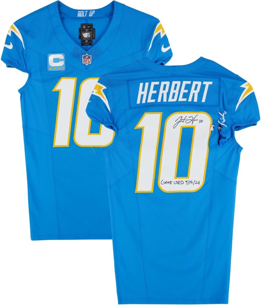 Justin Herbert Los Angeles Chargers Autographed Game-Used #10 Jersey vs. Carolina Panthers on September 15, 2024 – Autographed NFL Jerseys