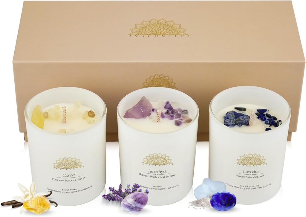 Soy Candles with Crystals – Aromatherapy Scented Candle for Women – Lavender Vanilla Gift Set – Small Wax Melts – 3 Pack 3.5oz