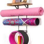 Bikoney Yoga Mat Holder Wall Mount Yoga Mat Storage Home Gym Accessories with Wood Floating Shelves and 4 Hooks for Hanging Foam Roller and Resistance Bands Fitness Home Gym Carbonized Black