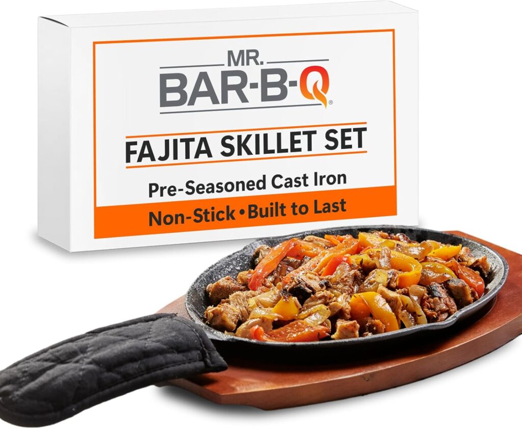 Mr. Bar-B-Q Cast Iron Fajita Skillets Set, Pre-Seasoned Non-Stick Sizzling Plate, Wooden Base w/Cloth Handle, Sizzler Steak Plate, Cast Iron Skillets for Diners, Bar, Restaurants, Caterings & Parties