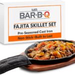 Mr. Bar-B-Q Cast Iron Fajita Skillets Set, Pre-Seasoned Non-Stick Sizzling Plate, Wooden Base w/Cloth Handle, Sizzler Steak Plate, Cast Iron Skillets for Diners, Bar, Restaurants, Caterings & Parties