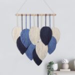 Weldomcor Macrame Wall Hanging Leaves Chic Woven Leaf Tassels Decoration Cotton Ornaments Tapestry Room Decor Modern Bohemian Handmade Feather Wall Art Decorations for Apartment Backdrop (Navy Blue)