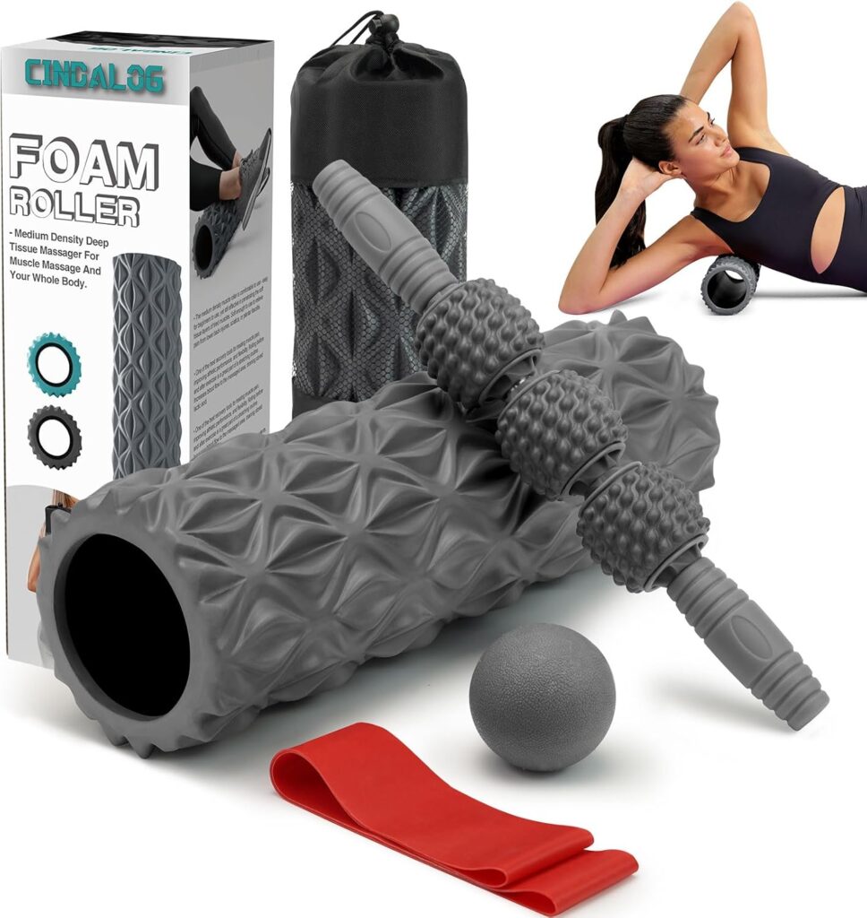 5 in 1 Foam Roller Set – Trigger Point Foam Back Roller, Muscle Roller Stick, Massage Ball, Stretching Band for Deep Muscle Massage Pilates Yoga,Fitness Exercise for Whole Body Release