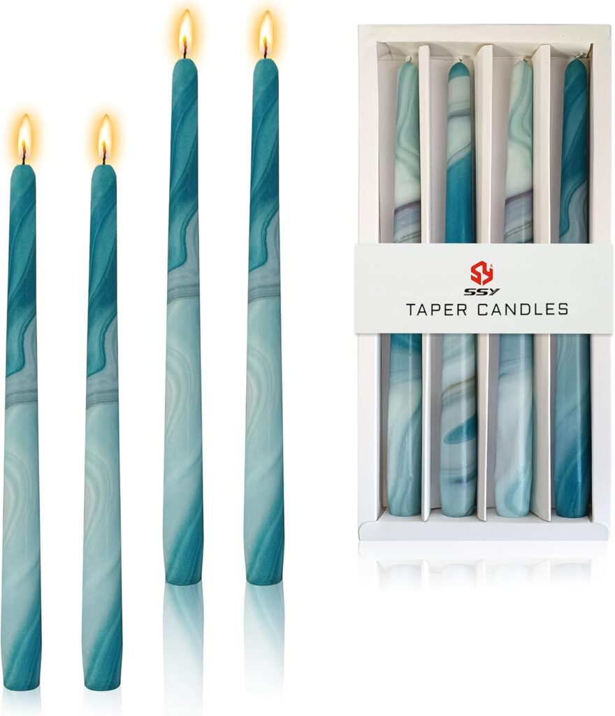10 inch Long Candle Blue Quicksand Taper Candles Printed Candlestick Handmade Unscented Taper Candle 4 Pack Smokeless Tapered Candles for Home Dinner Wedding Holiday
