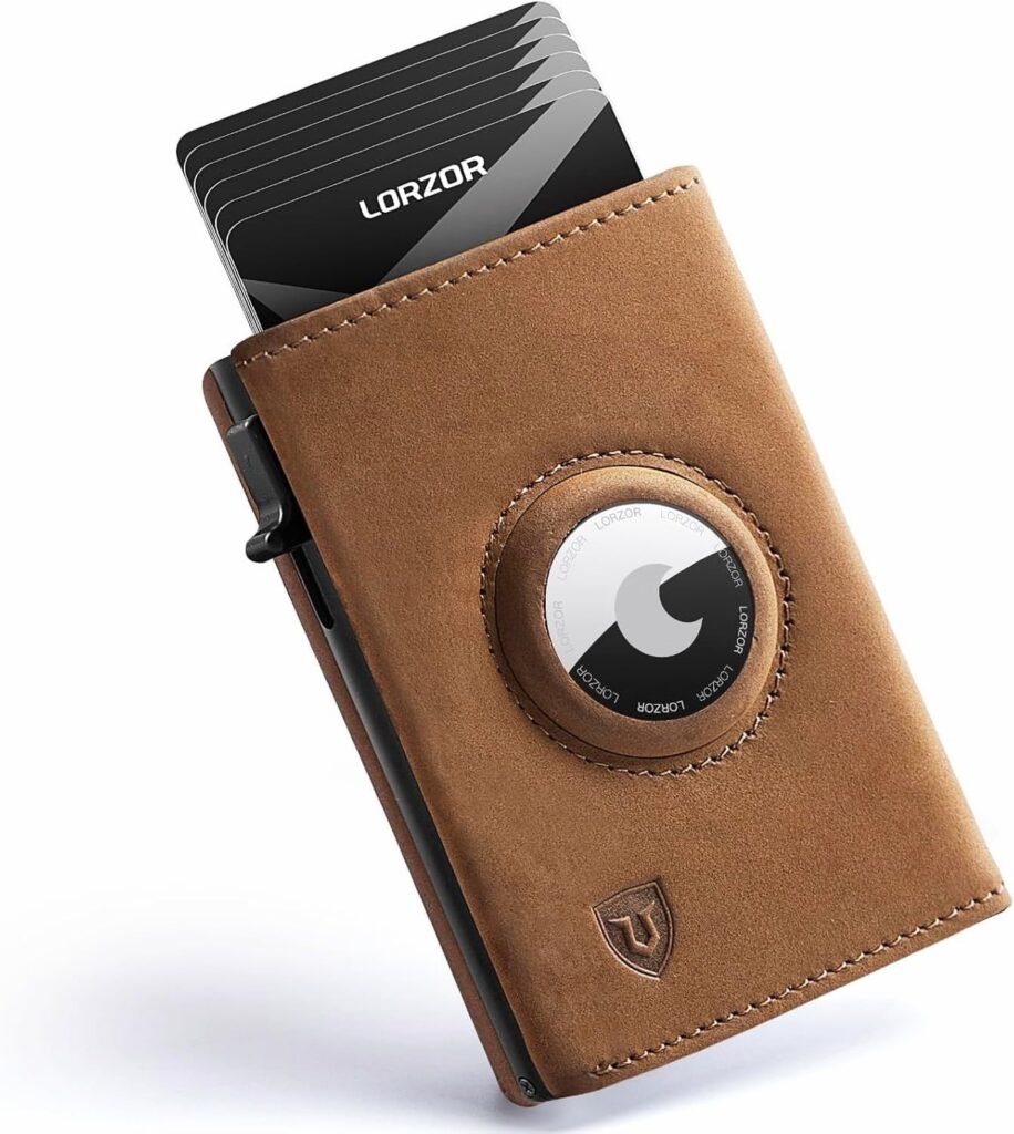 LORZOR AirTag Wallet – Full Grain Leather, Mens Minimalist Wallet with Apple Air Tag Holder, Slim Smart Pop up Card Case, ID Window, RFID Blocking, Front Pocket (AirTag Not Included)