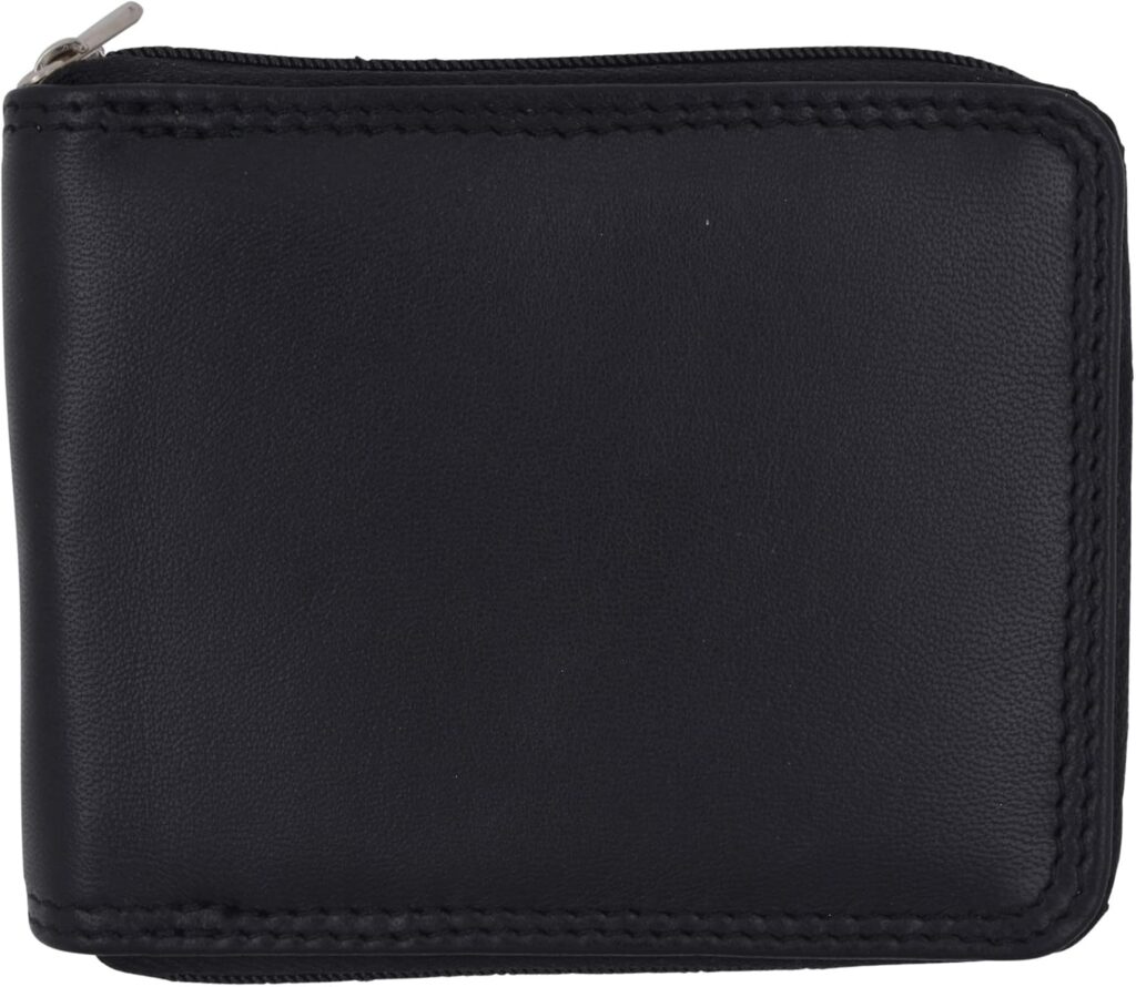 Men’s Zipper RFID Blocking Premium Leather Zip-Around ID Bifold Wallet (Black)