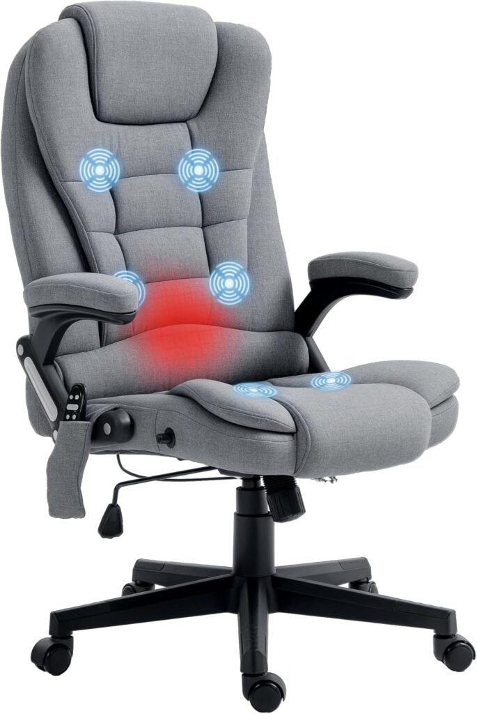 Vinsetto 6 Point Vibrating Massage Office Chair with Heat, Linen High Back Executive Office Chair with Reclining Backrest, Padded Armrests and Remote, Gray
